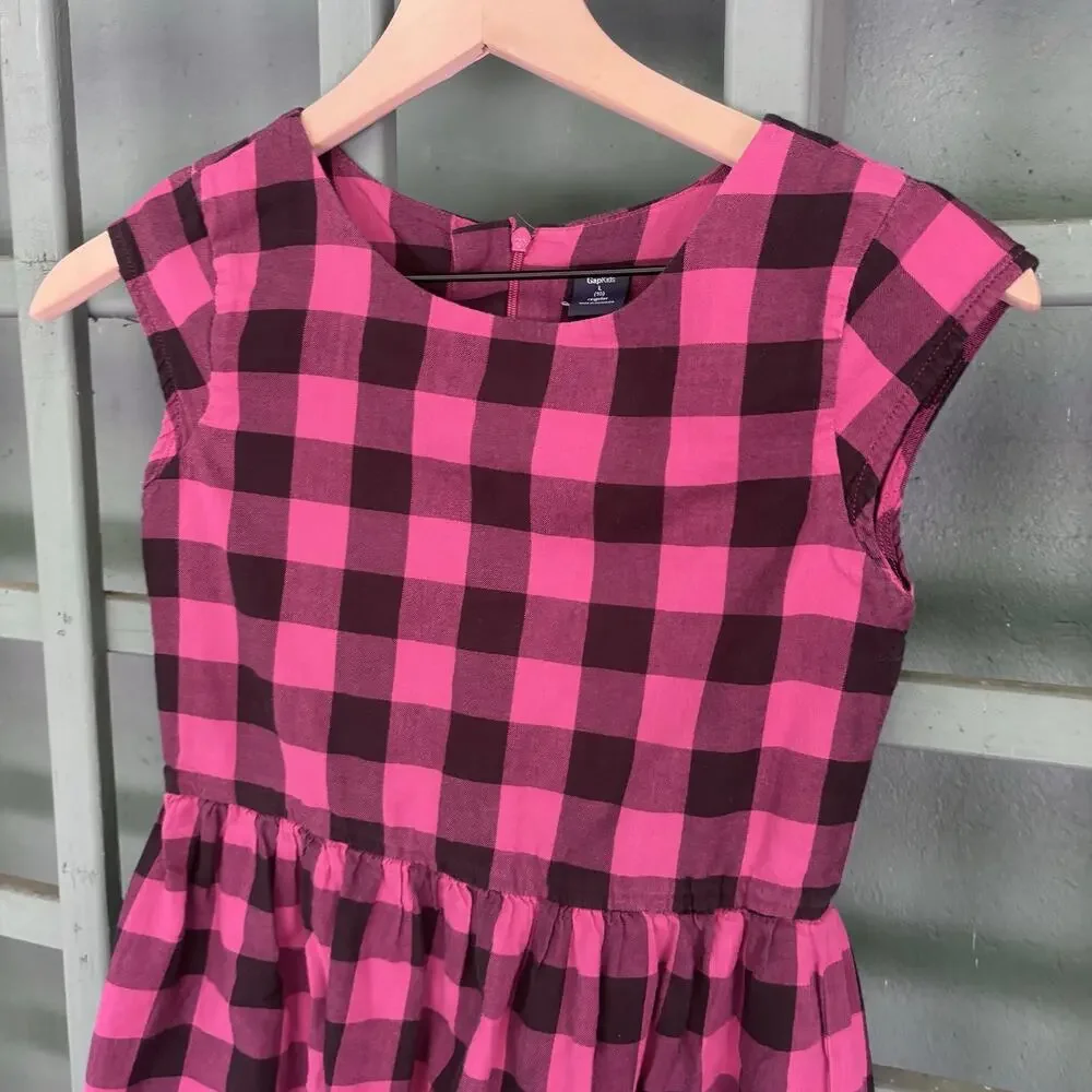 Gap Kids Pink Black Buffalo Plaid Dress Size L (10) Fit Flare Skater Cap Sleeve